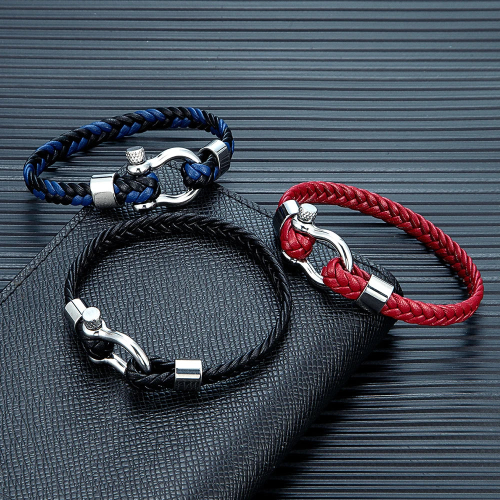MKENDN Luxury Nautical Shackle Woven Leather Bracelet With Horseshoes Buckle Gift for Him Minimalistic Jewelry