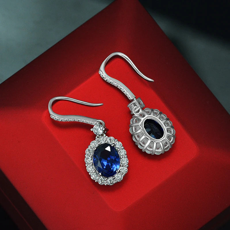 OXTAO Oval Cut 7x9mm 2.0ct Created Blue Gemstone Temperament Hook Earrings for Women Real 925 Silver Fine Wedding Jewelry Gift