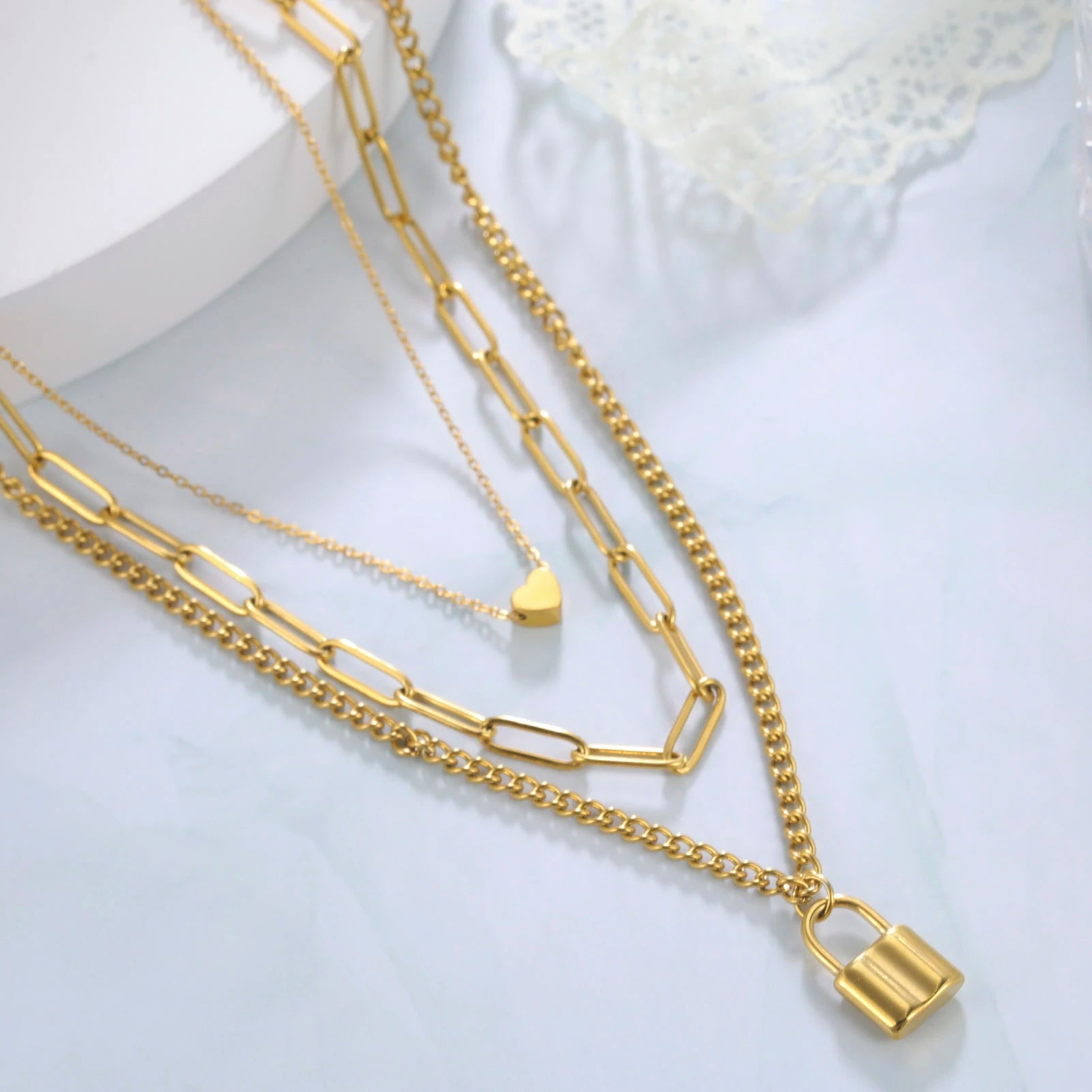 Stainless Steel Gold Color Lock Necklace for Women Hip Hop Three Layer Chain Necklace Padlock Pendant Choker Jewelry
