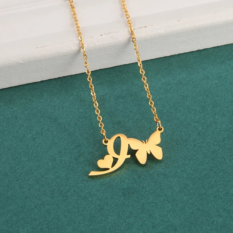 New Fashion 26 Initials Letter Pendant Butterfly Necklace for Women Elegant Stainless Steel Gold Color Necklace Jewelry Gift