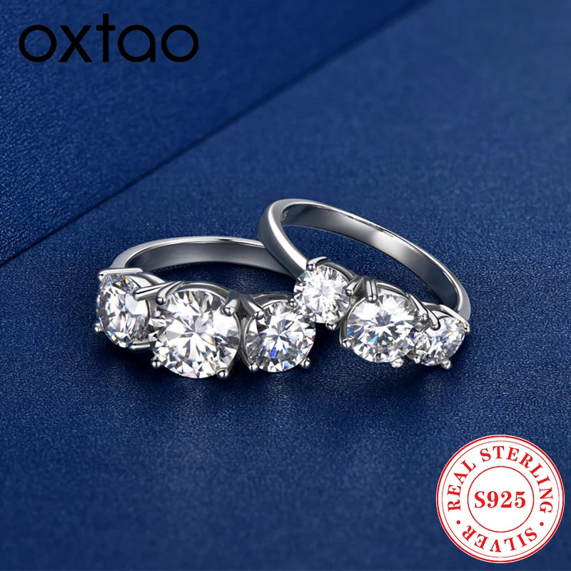 OXTAO Real 925 Silver Engagement Rings Ladies D Color Round Cut 3 Stone Wedding Engagement Promise Ring GRA Certified Jewelry