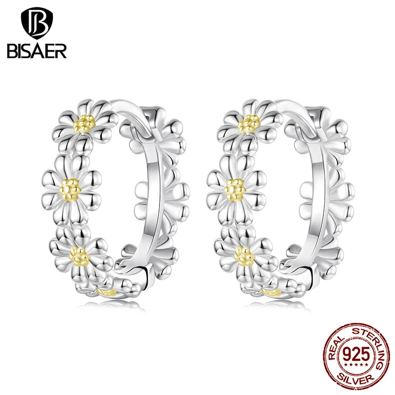 BISAER 925 Sterling Silver Daisy Hoop Earrings Two-tones  Minimalist Earrings 14K Gold Plated for OL Women Party Fine Jewelry