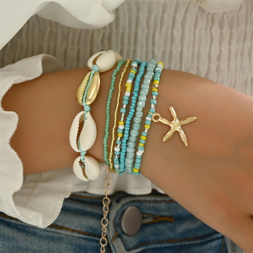 7pcs Bohemian Multilayer Ocean Style Starfish Shell Beads Summer Bracelets For Women Jewelry Perfect For Beach Vacation Festival