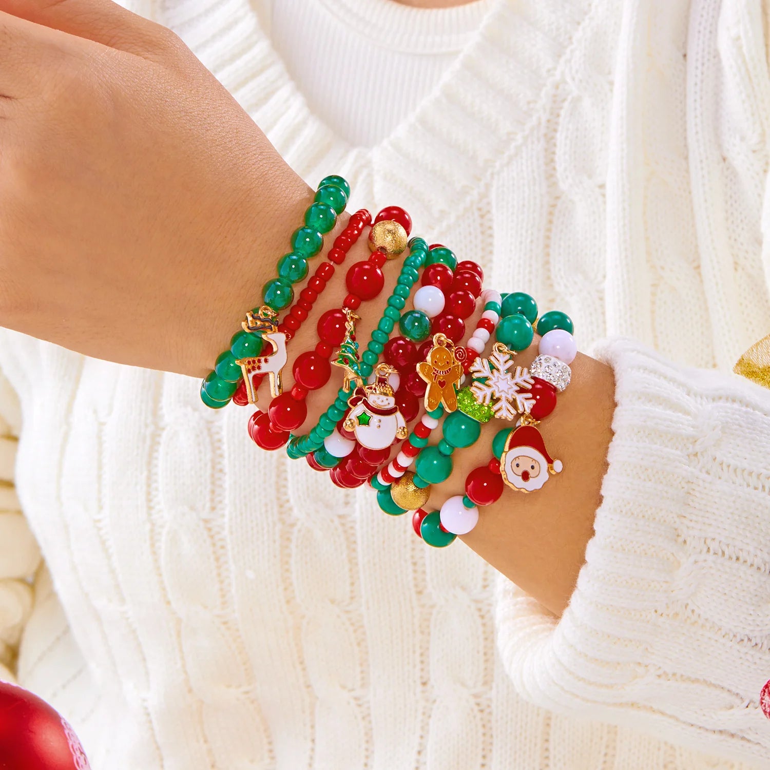 10 Pcs Christmas Colorful Beaded Bracelet Set For Women Santa Claus Xmas Tree Snowflake Rice Beads Bangle Party Festival Jewelry