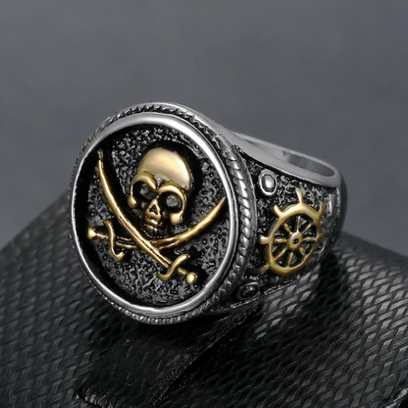 Vintage Men's Pirate Double Knife Skull Ring Golden/Silver