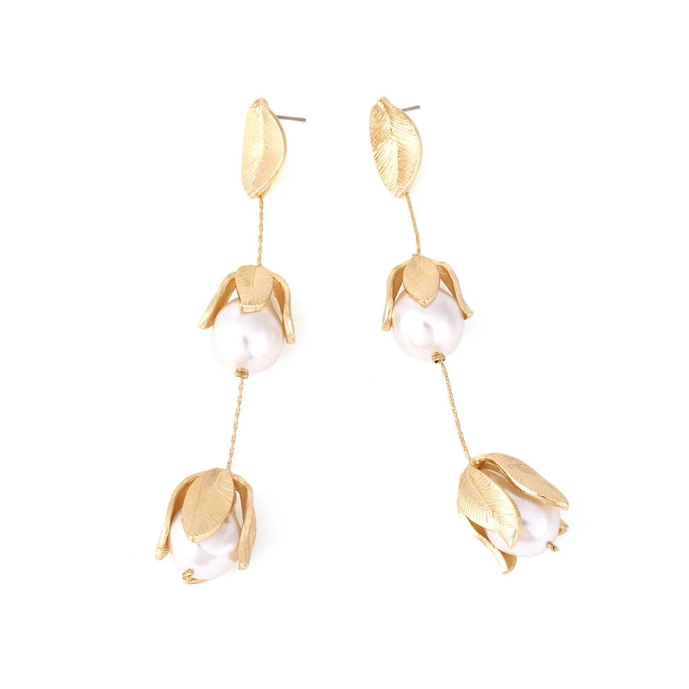 Zvoijio Temperament Long Pearl Flower Earrings Gold Color Leaf Tassel Earrings Wholesale
