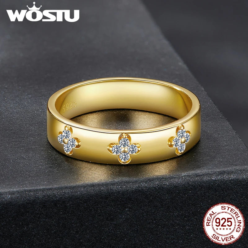 WOSTU Moissanite Wedding Ring For Women 925 Silver 14K Gold Lab Diamond Lucky Clover Wide Eternity Rings Engagement Party Gift