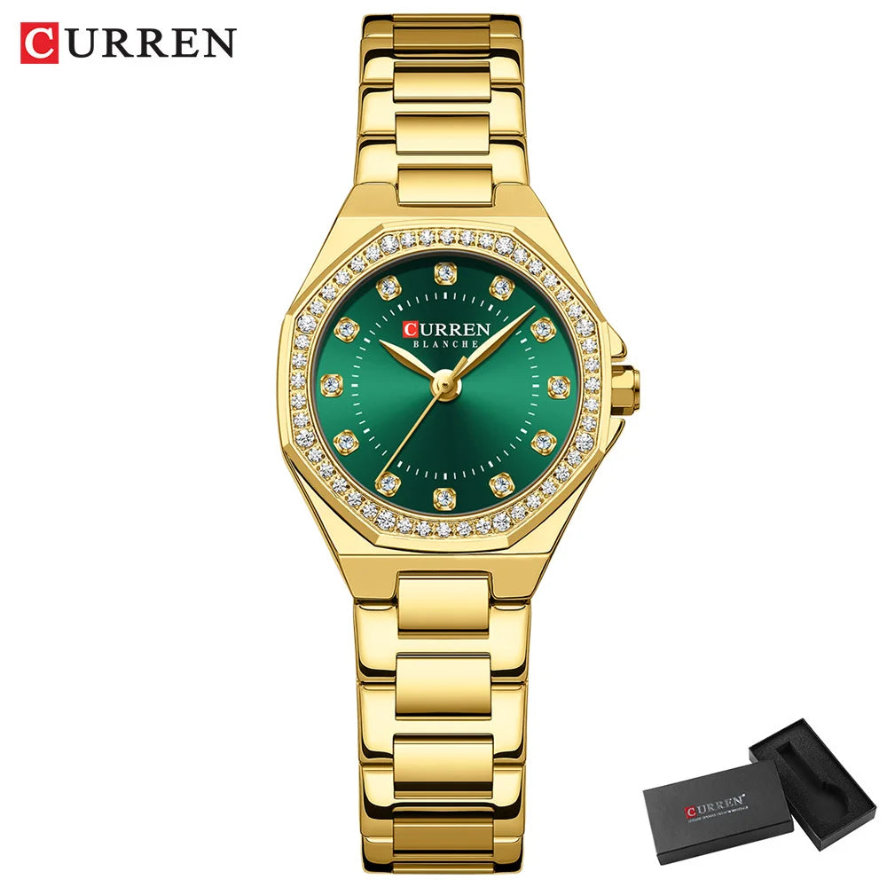 CURREN Luxury Elegance Watch for Women Simple Quartz Wristwatches with Sparkling Rhinestones Stainless Steel Bracelet Waterproof