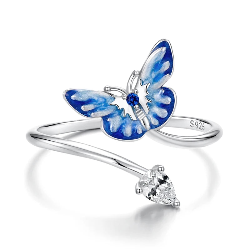 WOSTU 925 Sterling Silver Blue Butterfly Stud Earrings Open Ring For Women Wedding Engagement Fine Jewelry Set Girl Party Gift