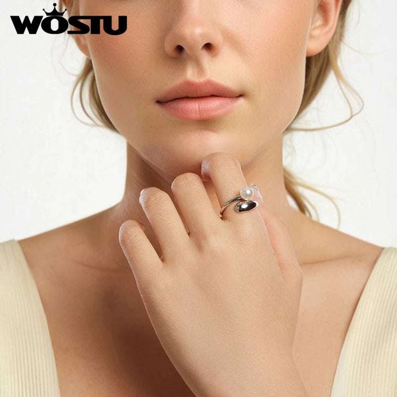 WOSTU Real 925 Sterling Silver Pearl Opening Ring Water Drop Adjustable Rings Girl Punk Party Jewelry Mother's Day Gift