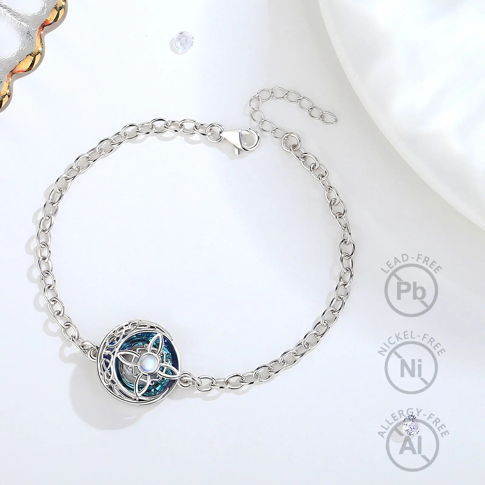 Eudora 925 Sterling Silver Witches Knot Adjustable Ring & Necklace & Bracelet Austrian Crystal Wicca Amulet Jewelry Set Gift