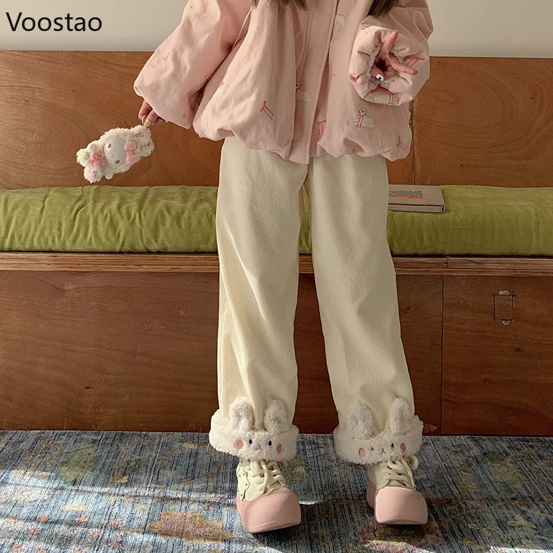 Autumn Winter Japanese Sweet Lolita Kawaii High Waist Corduroy Pants Warm Wide Leg Pants Y2k Cartoon Casual Loose Cute Trousers