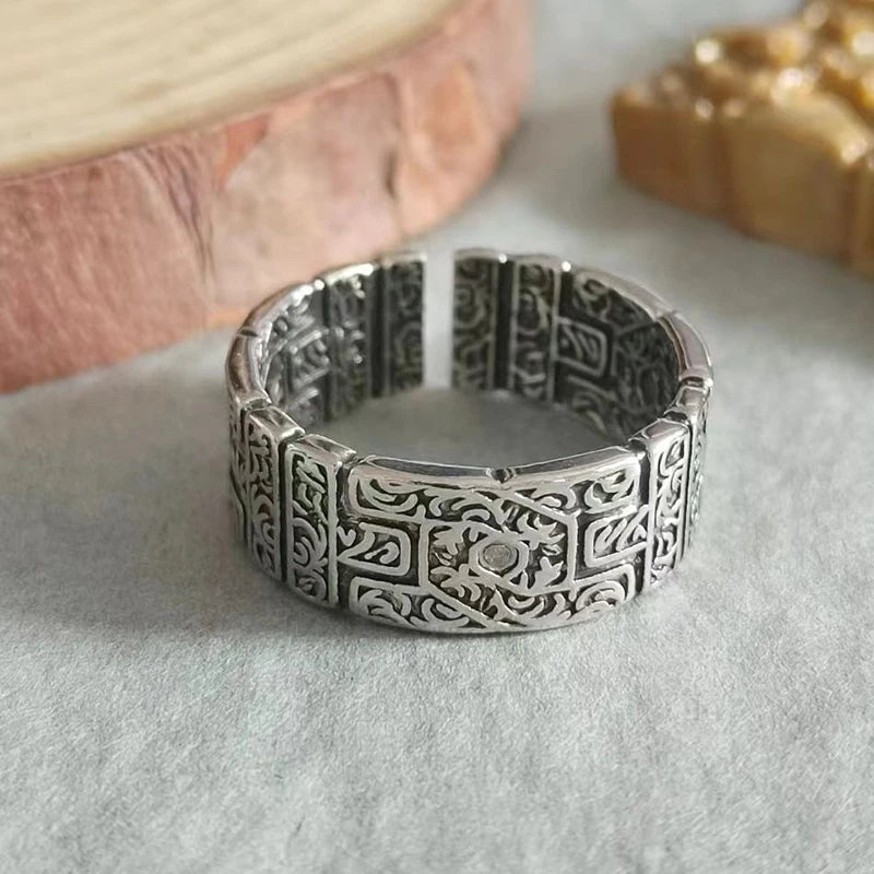 Retro Tang Grass Pattern Ring For Men Silver Color Punk Gothic Open Ring Handmade Rock Hiphop Unisex Jewelry Accessories Gift