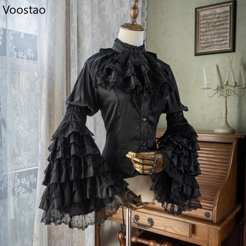 Victorian Elegant Lolita Style Shirts Japanese Women Vintage Gothic Lace Ruffles Flare Long Sleeve Blouses Sweet Y2k Slim Tops - Madeinsea©
