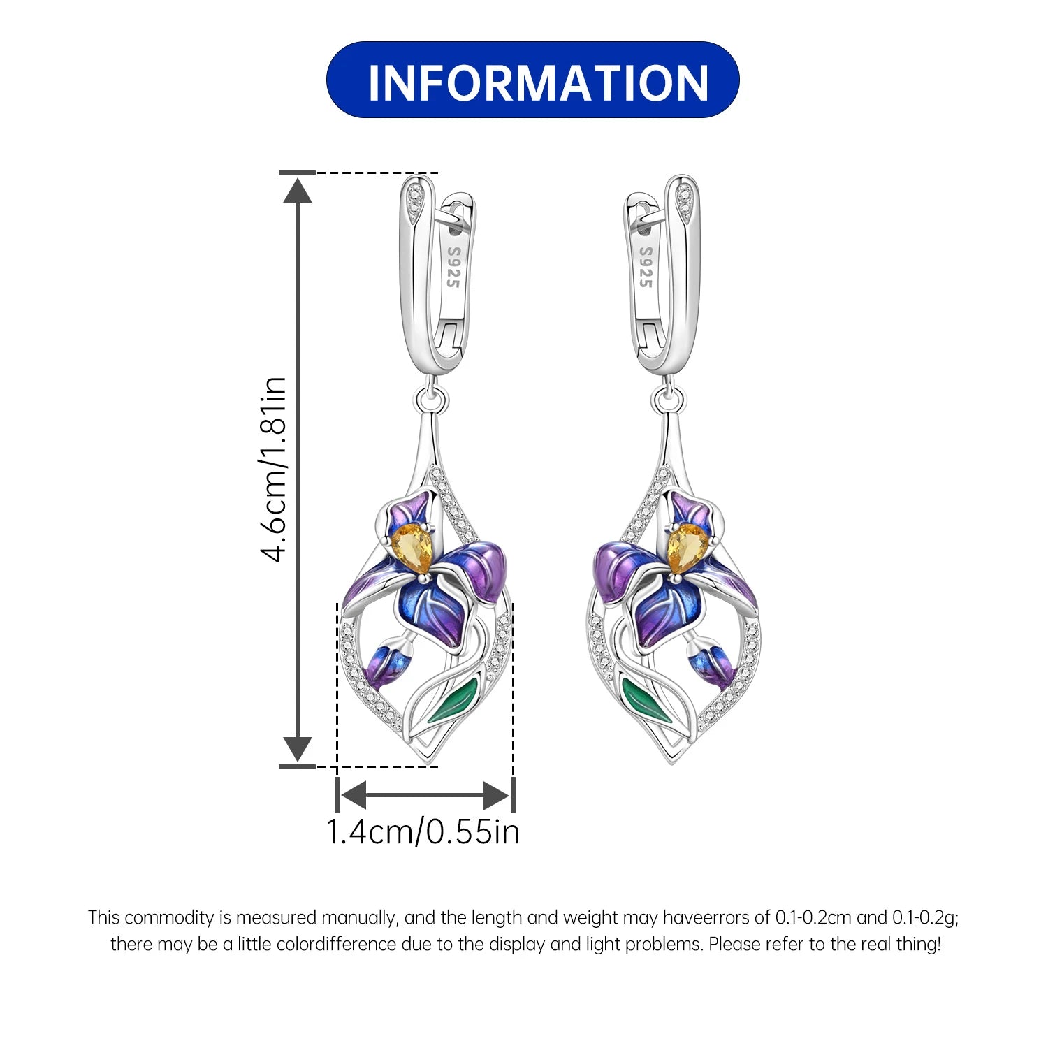 PANPOKI 925 Sterling Silver Blue Purple Iris Flower Drop Earrings Women Earrings Charm Trend Versatile Party Jewelry Gifts