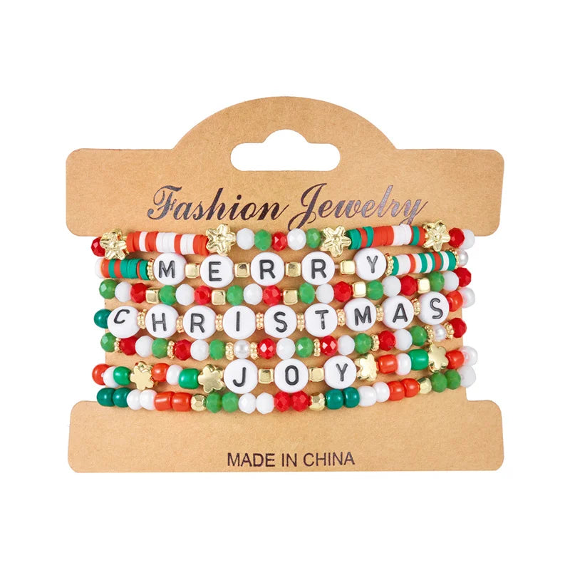 Multilayer Christmas Rice Beads Beaded Bracelet Set For Women Santa Claus Xmas Tree Crystal Polymer Clay Beads Bracelets Jewelry