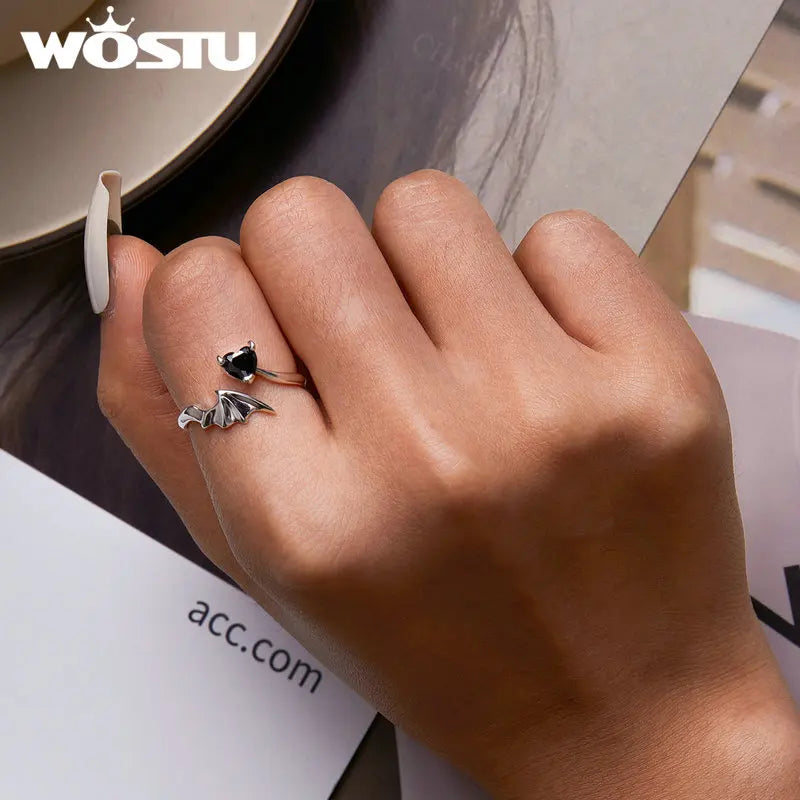 WOSTU 925 Sterling Silver Black Heart Zircon Open Ring For Womem Retro Devil Wing Rings Punk Jewelry Girl Party Birthday Gift