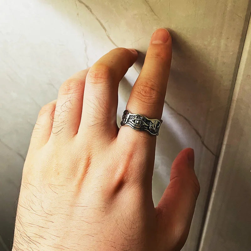 Retro Horus Demon Eye Ring For Men Silver Color Punk Gothic Adjustable Open Ring Handmade Rock Unisex Jewelry Accessories Gift