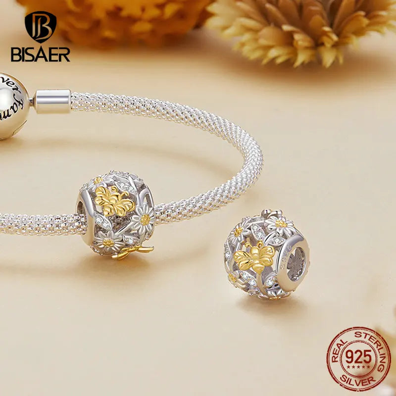 BISAER 925 Sterling Silver Sunflower Dream Charm Bead Daisy Bee Pendant Safety Chain Plated Gold Fit Girl Bracelet Fine Jewelry