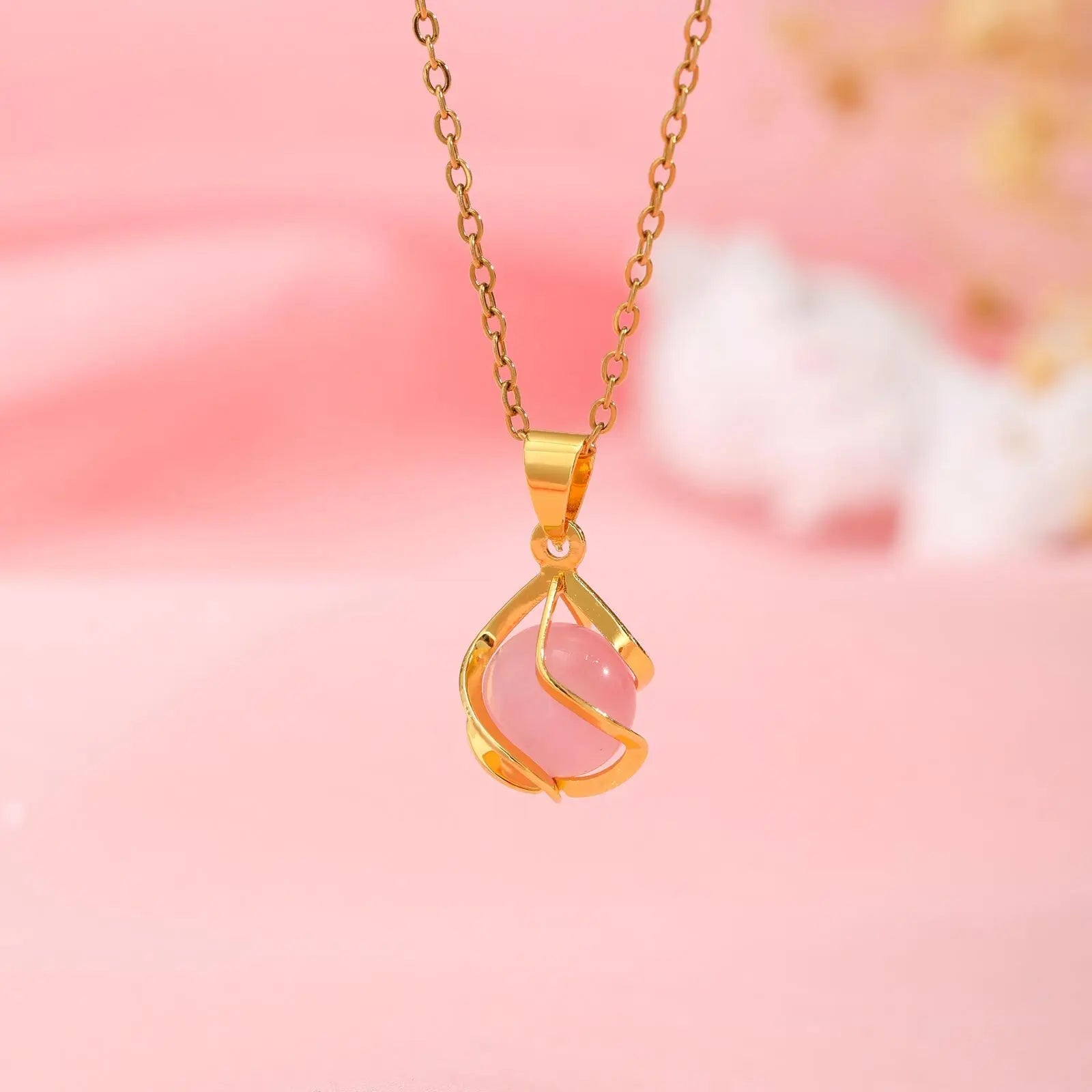 Vnox Elegant Gold Color Women's Pendant Necklace New Design Geometric Hollow Opal Pendant Charm Neck Jewelry Daily Wear