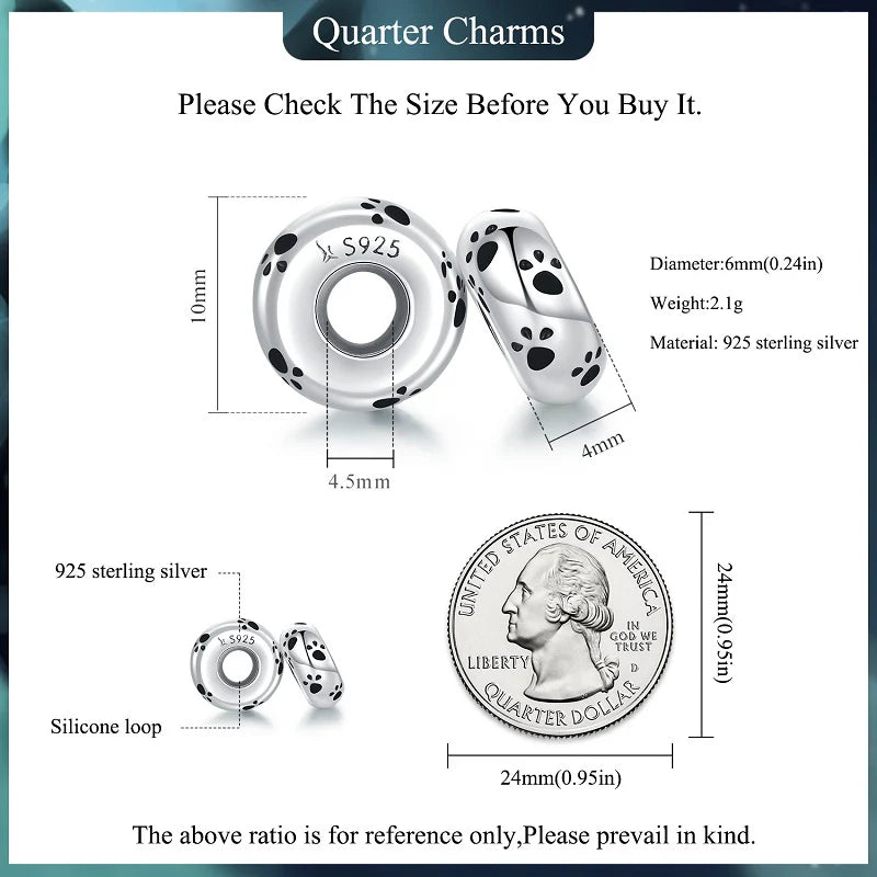 Bamoer 925 Sterling Silver Paw Print Silicone Beads Retro Pet Heart Charm for Women Teen DIY Lovely Bracelet Jewelry Accessories