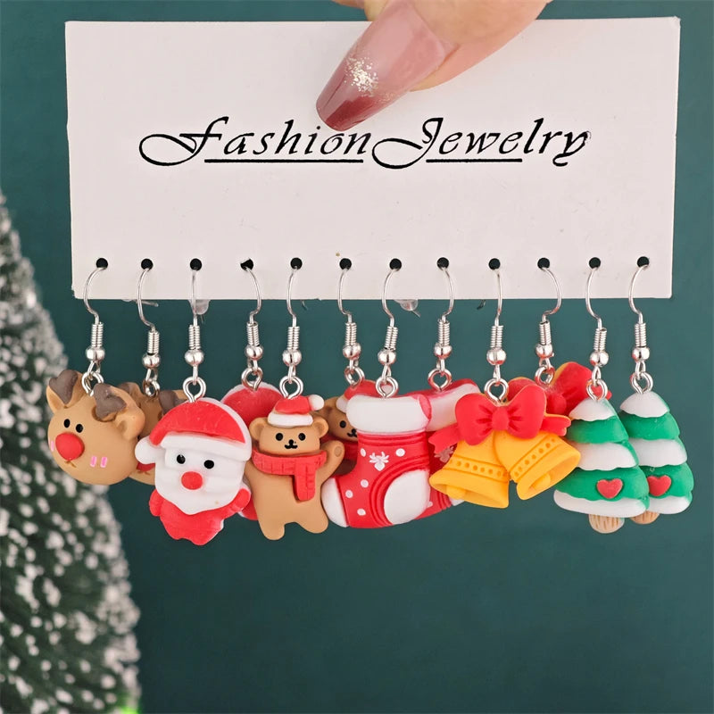 6 Pairs Colorful Christmas Cartoon Dangle Earrings Set For Women Girls Cute Santa Claus Snowman Elk Resin Drop Earring Jewelry