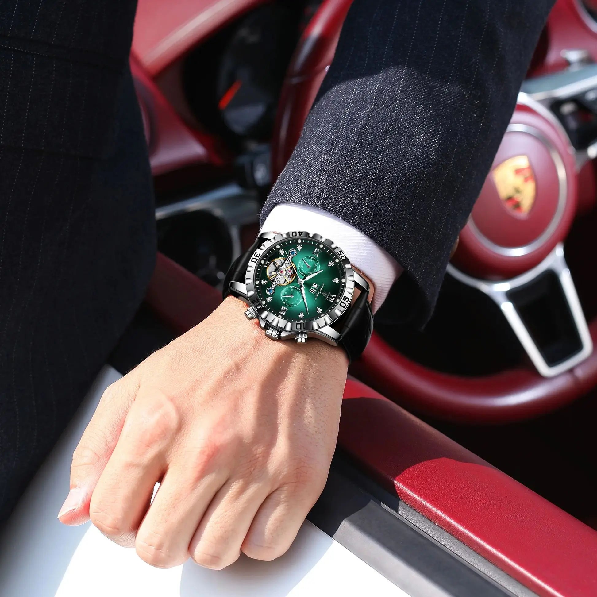POEDAGAR Top Luxury Men's Watches Original Mechanical Leather Men Clock Date Week Hollow Tourbillon Automatic Man Watch Male+Box