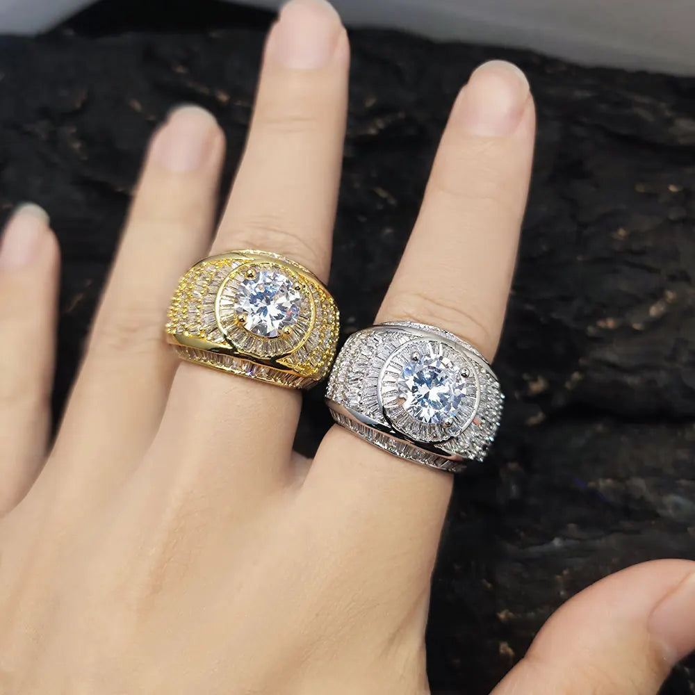 Silver/18k Gold Plated Cluster Hip Hop Iced Out Lab Simulated Big Diamond Micro Pave CZ Pinky Ring Jewelry for Men Women - Madeinsea©