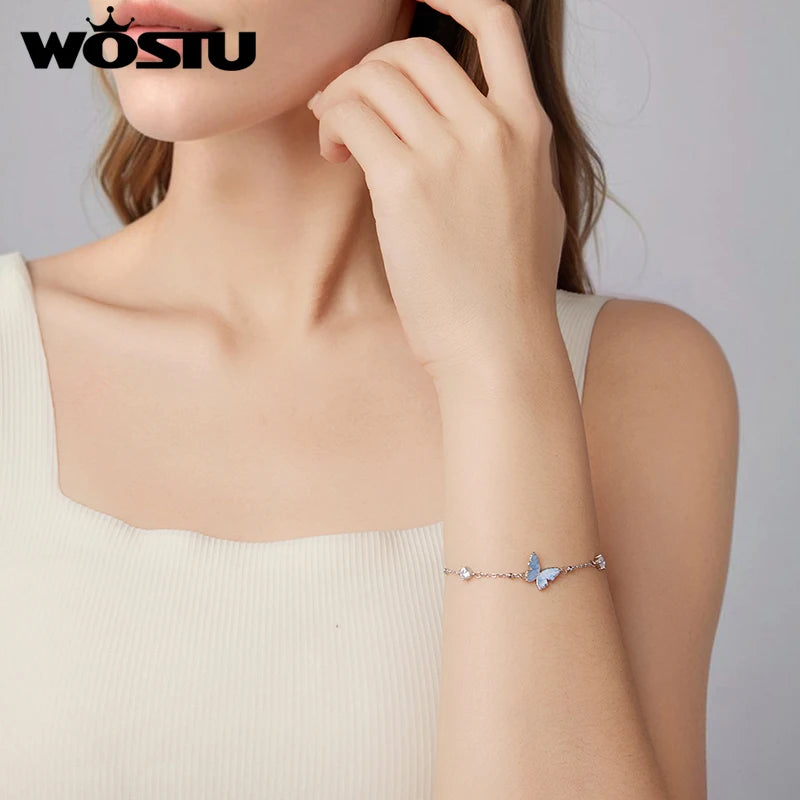 WOSTU 925 Sterling Silver Blue Butterfly Charm Bracelet for Women, Shiny Zircon Beaded Chain Links Enamel process Insect Jewelry