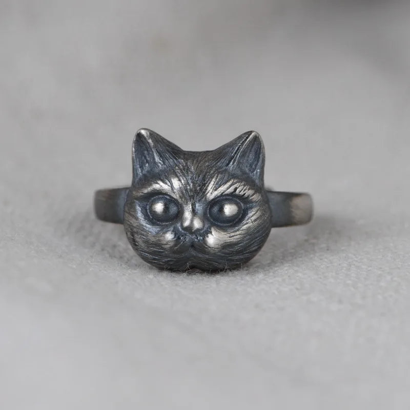 MKENDN Real 925 Sterling Silver Vintage Men Feather Gentleman Hat Cat Ring With Green Eyes For Women Punk Street Finger Jewelry