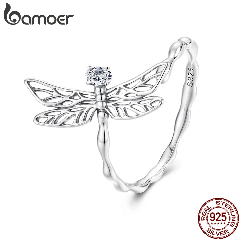 Bamoer 925 Sterling Silber Drehring Libelle Offener Ring Pave-Fassung Zirkonia Verstellbarer Insektenring für Damen Teenager Party Schmuck Geschenk