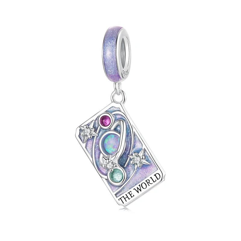 WOSTU 925 Sterling Silver The World Tarot Card Charm Pendant For Women , Original Rainbow Beads DIY Jewelry making