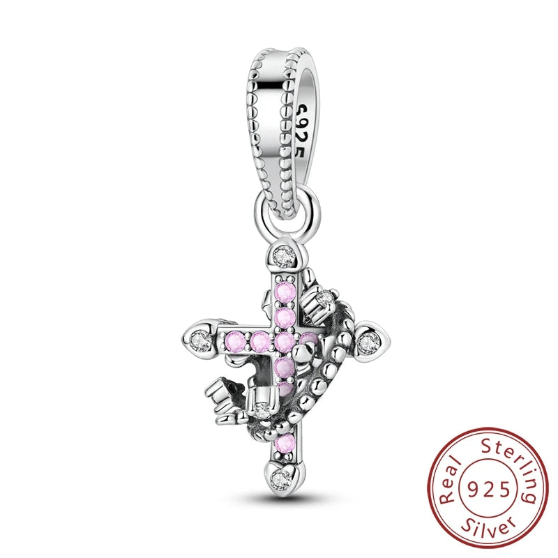 100% 925 Sterling Silver Charms Beads Bible Zircon Cross Jesus Both Hands Pray Fit 925 Original Bracelets Fine DIY Party Jewelry