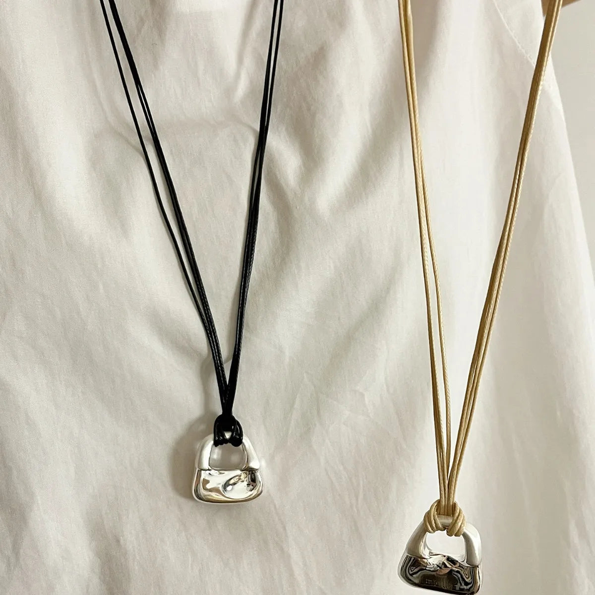 Silver Color Bag Pendant Long Necklace Black Rope Sweater Chain