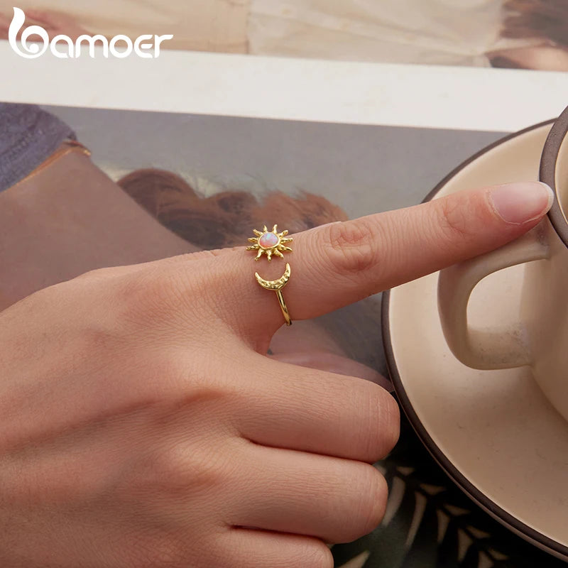 Bamoer 925 Sterling Silver 18K Gold Sun God Open Ring Adjusable Hollowed Circle Ring for Women Girls Lucky Daily Birthday Gift