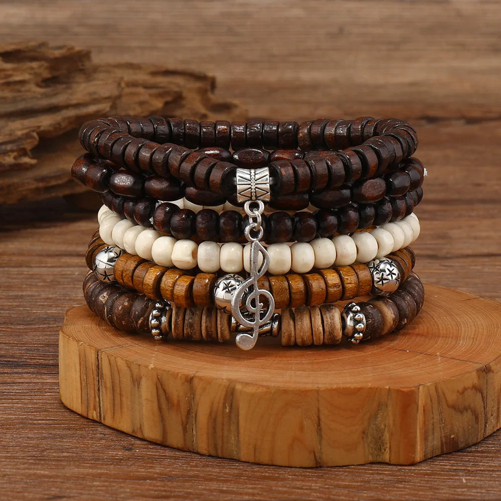 4Pcs/ Set Braided Wrap Leather Bracelets for Men Vintage Life Tree Rudder Charm Wood Beads Ethnic Tribal Wristband Rope Bracelet