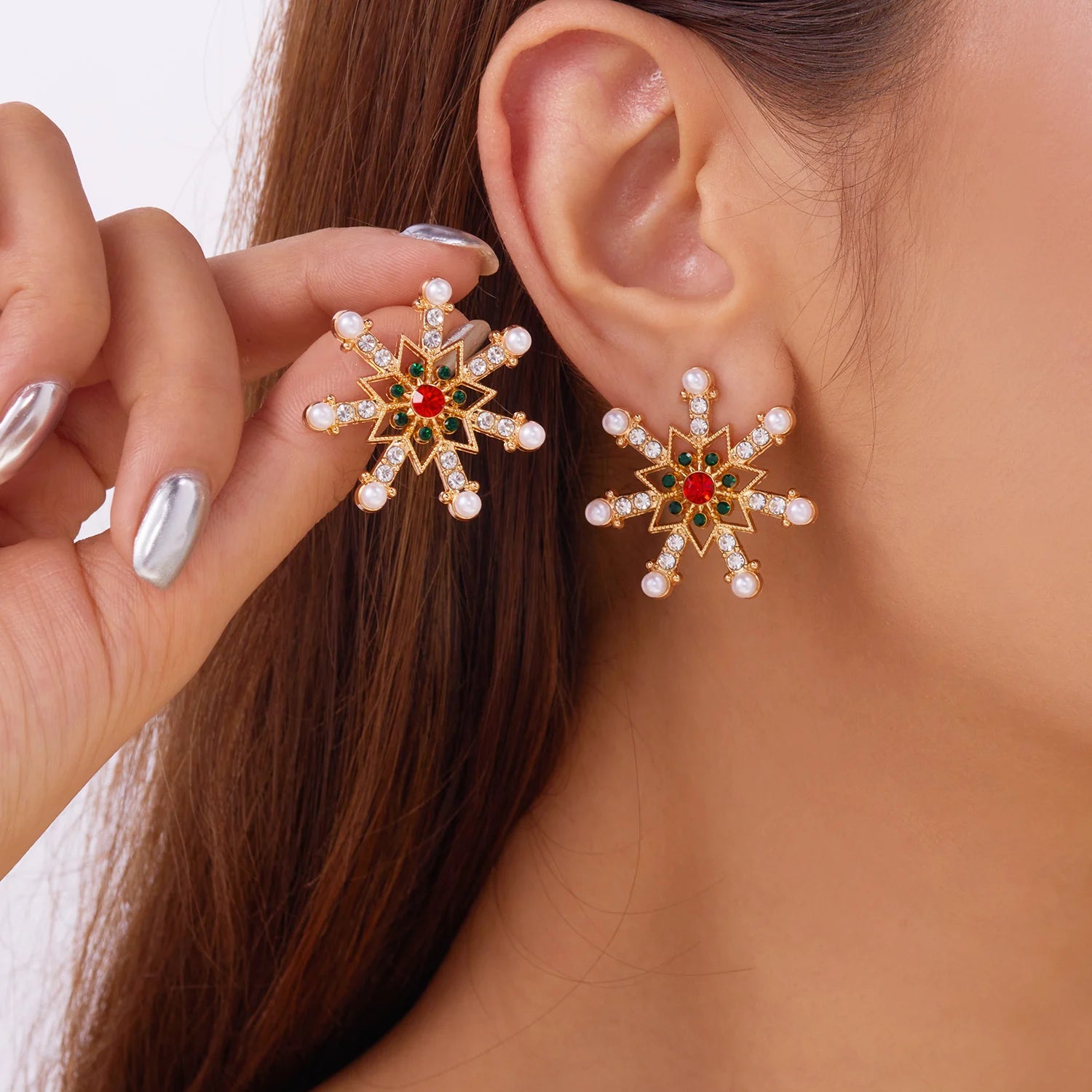 Christmas Rhinestone Snowflake Stud Earrings For Women Colorful Crystal Zircon Pearl Piercing Earring New Year Party Jewelry