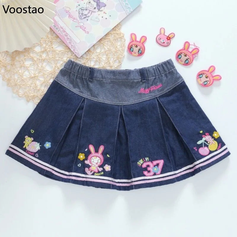 Kawaii Japanese Lolita Style Denim Pleated Skirt Women Sweet Cartoon Rabbit Embroidery Short Skirts Korean Y2k Cute Mini Skirts