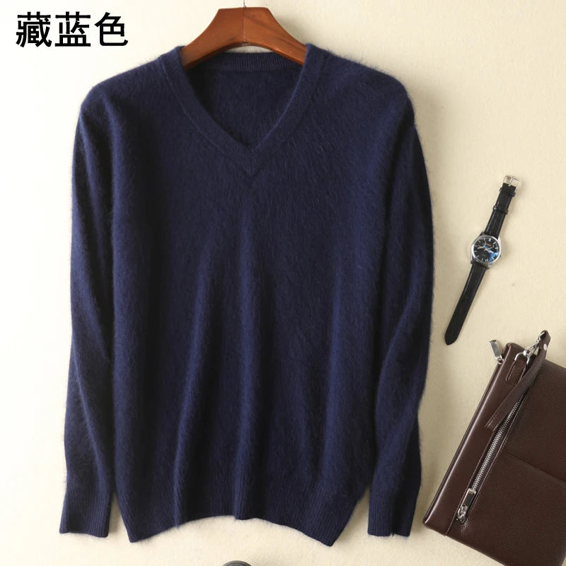 LHZSYY Men's 100% Mink Cashmere Large Size Sweaters Autumn Winter Solid V-neck Casual Knit Pullovers Men Long Sleeve Warm Jumper - Madeinsea©