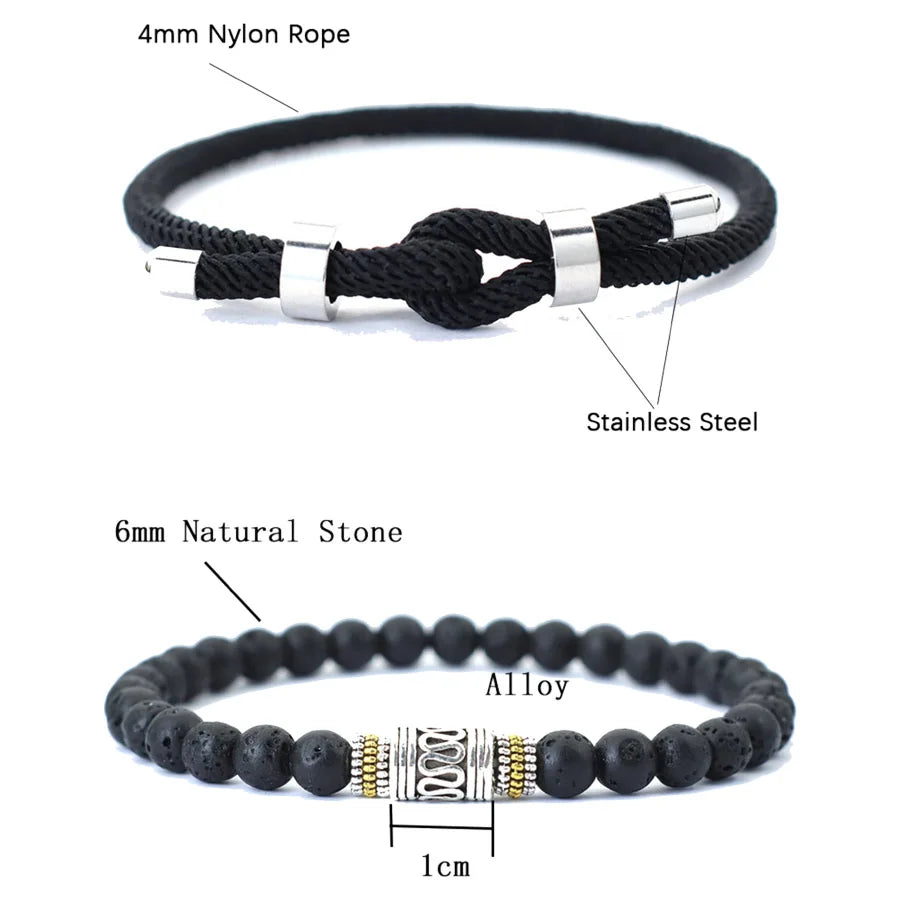Stylish 2Pcs Men Bracelet Set 4mm Grade A Rope Charm Braslet 6mm Lava Onyx Stone Beaded Braclet Good Luck Red Cord Brazalete