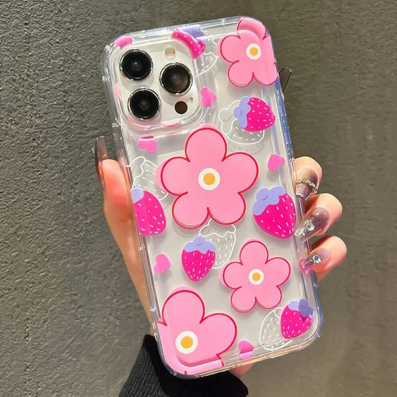 Pink Flower Strawberry Clear Phone Case For iPhone 14 13 11 12 15 16 17 Air Pro Max 16E SE2 7 8 Plus Airbag Shockproof Cover