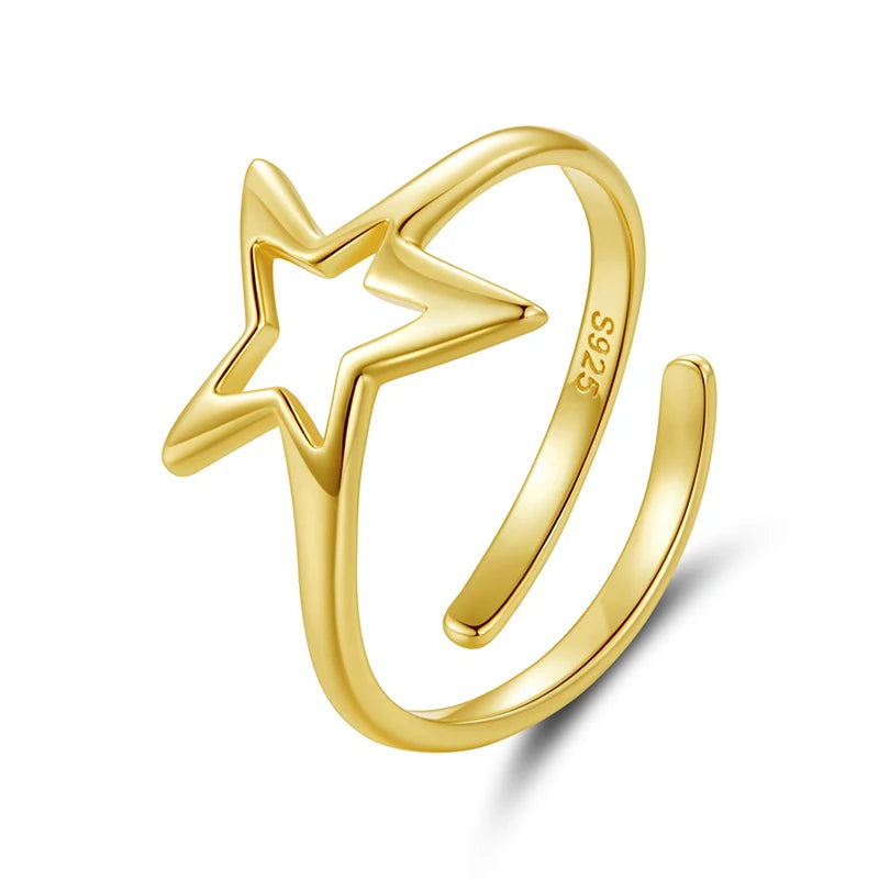 WOSTU Two Tone Gold 925 Sterling Silver Star Stackable Ring For Women , S925 Silver Open Rings Minimalist Unique Jewelry Gift