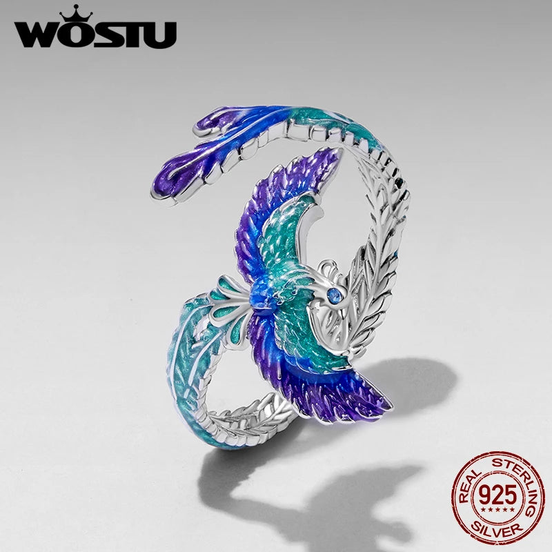 WOSTU 925 Sterling Silver Unique Phoenix Open Ring For Women, Original Luxury Animal Justable Rings Xmas New Year Jewelry Gift