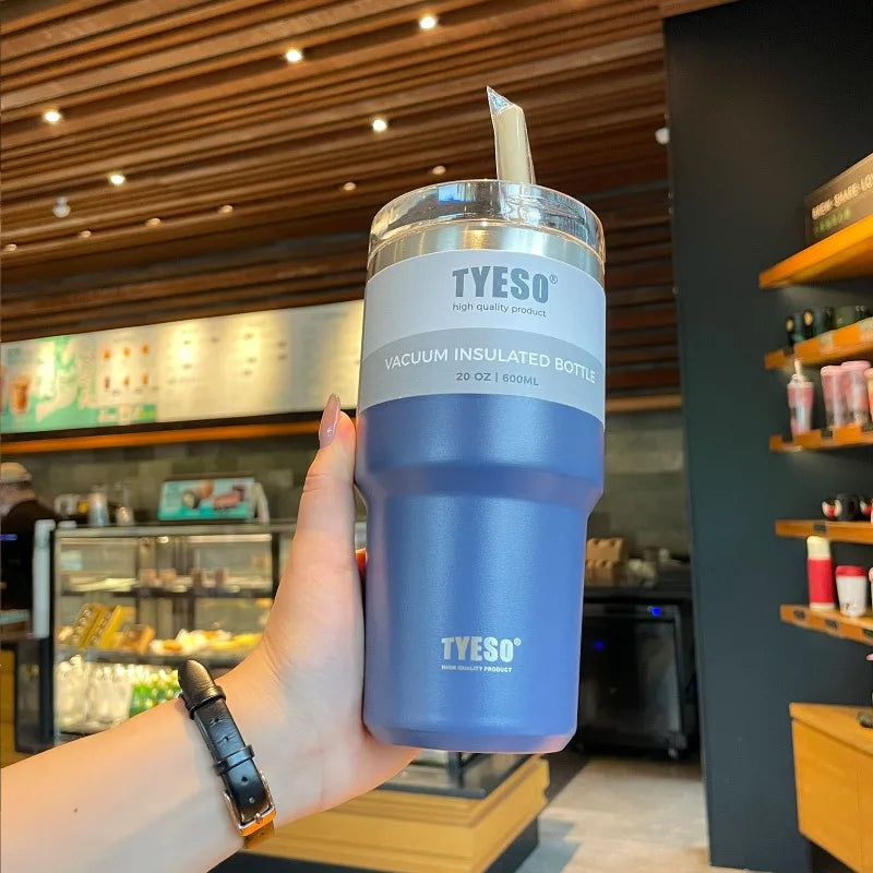 Tyeso 600/890ML Stainless Steel Coffee Mug With Straw Car Water Bottle Vacuum Flask Tumbler Insulated Cup Double Thermos Bottle