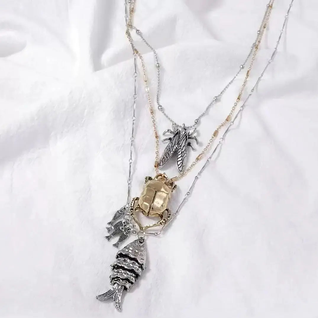ZZAA Personalized Trendy Insect Beetle Knows Fish Pendant Multi Layer Necklace