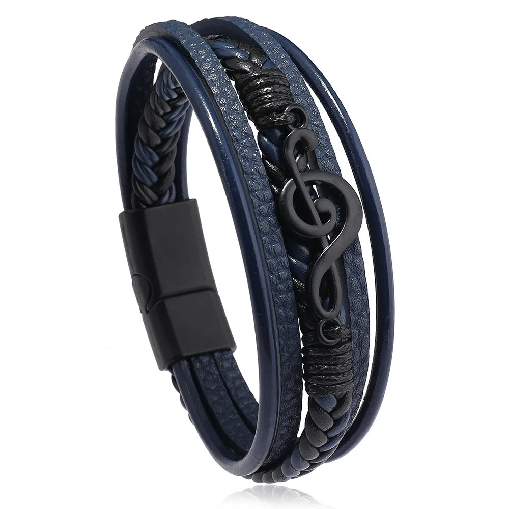 Bracelet en cuir pour homme avec symboles musicaux, style vintage et créatif. Bracelet simple multicouche en cuir.