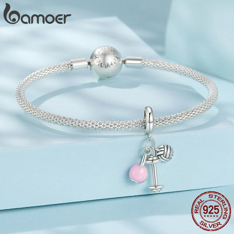 BAMOER 925 Sterling Silver Charm Pink Sport Ball Dumbbe Pendant Healthy Teeth Beads Fit Original Bracelet DIY Jewelry Crafts