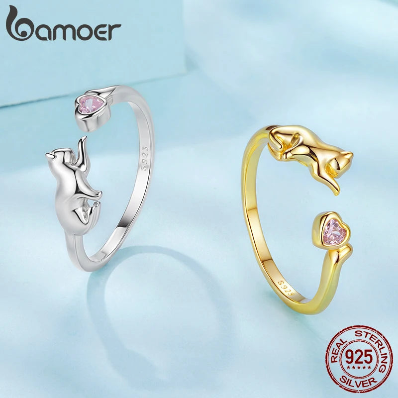 Bague ouverte BAMOER en argent sterling 925 avec un adorable chat, ornée d'un cœur en zircon rose, idéale pour les amoureux des animaux. Bijou à offrir à toute la famille.