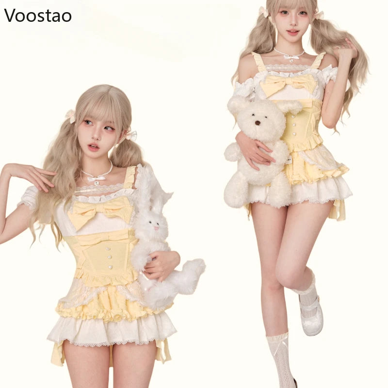Sweet Lolita Style Skirt Set Women Kawaii Lace Ruffles Bow Slim Blouse Cute Mini Cake Skirts Suits Female Korean Y2k 2 Piece Set