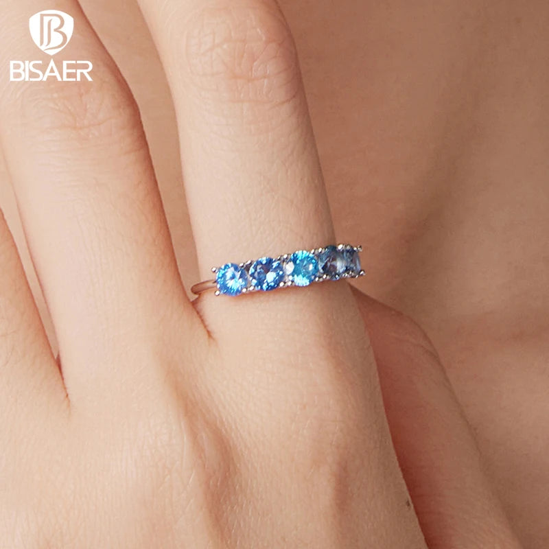 BISAER 925 Sterling Silver Sea Blue Ring Stackable Eternity Band Plated White Gold for Women Wedding Fine Jewelry EFR706